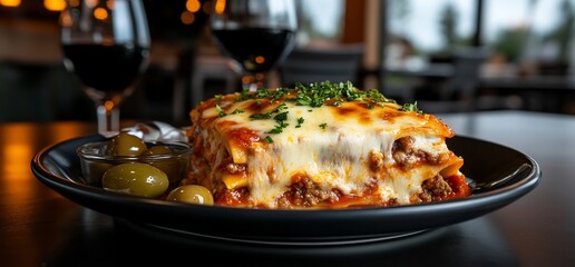 Delicious Lasagna Served with Olives and Red Wine in Restaurant Setting