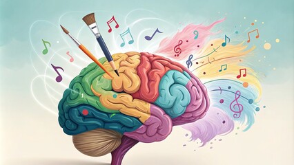Colorful Brain with Paintbrushes and Musical Notes Artistic Concept, Brain Art, Music Inspiration Brain art, Music visualization