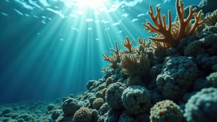 Obraz premium Sunlight shining on a large bleached coral structure showing effects of climate change 