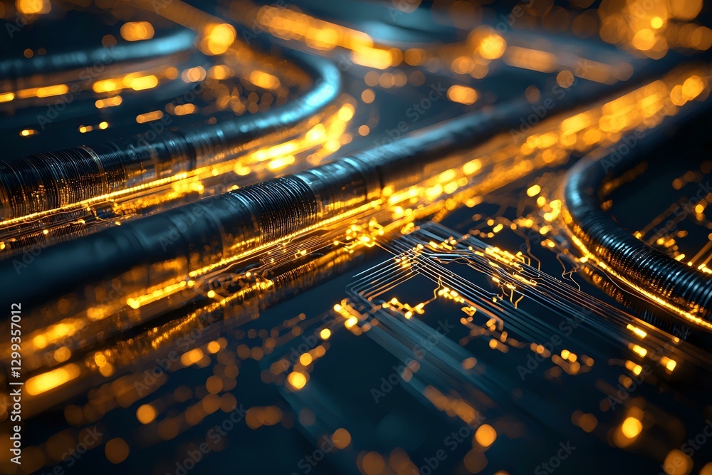 Poster glowing circuit board paths with golden light effects and bokeh, macro view showing electronic techn
