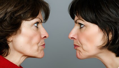 Two middle-aged Caucasian women with dark hair in profile view facing each other with confrontational expressions, wearing red and black tops against gray background.