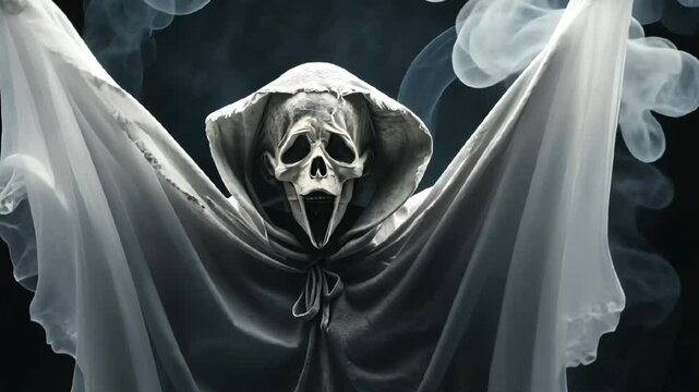 terrifying ghost face with dark hood and horror atmosphere for spooky halloween and scary thriller themes
