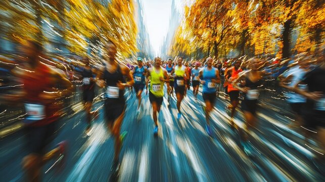 A vibrant marathon unfolds, runners of diverse ethnicities blur in motion, their energy captured amidst a breathtaking autumnal backdrop.