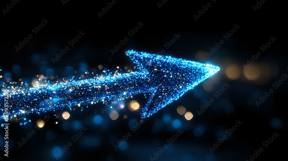 Poster glowing blue arrow formed by luminous particles with bokeh effect on dark background, symbolizing di