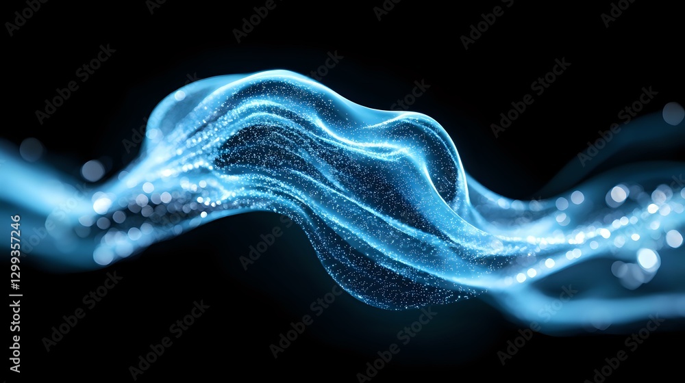 Poster glowing blue wave of particles flowing with dynamic motion effect on black background creates futuri