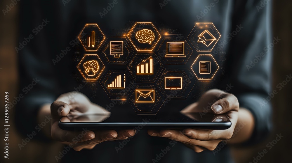 Poster Digital business icons floating over tablet in hands showing analytics, communication and productivity tools. Orange glowing symbols on dark background.
