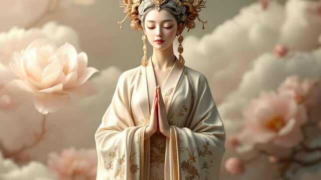 Asian woman meditating in serene floral garden. Peaceful mindfulness footage. Zen meditation, spiritual healing, yoga practice clip. Relaxation & wellness motion picture.