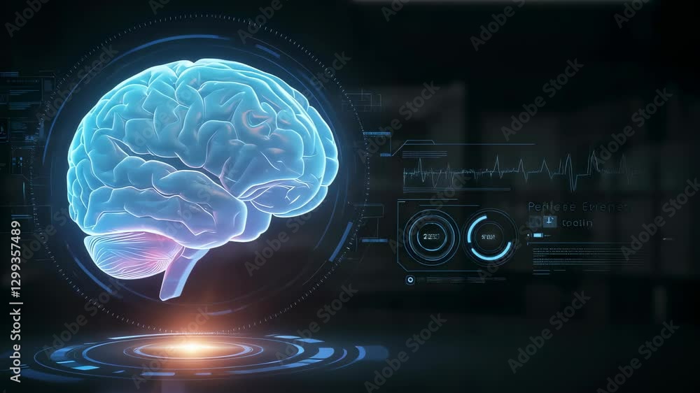 Poster digital holographic brain scan with medical data visualization. futuristic neurology diagnostic tech