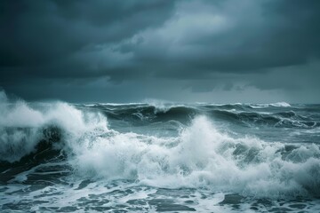 Fototapeta premium A photo of a powerful sea storm with crashing waves under a dark, stormy sky, A stormy seascape with crashing waves