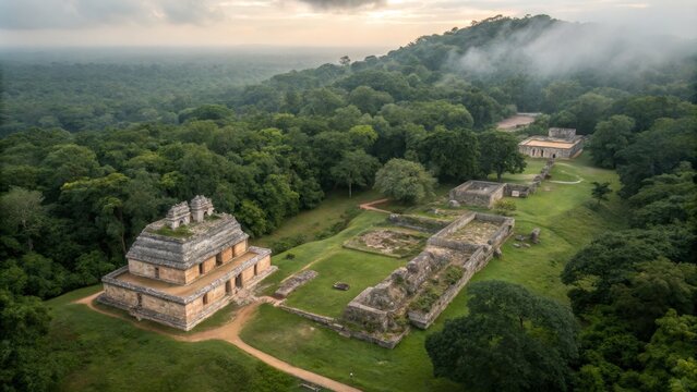 Aerial View of Becan Mayan Ruins at Sunrise Drone Shot Composition, Lush Jungle Setting, Ancient Architecture, Becan, Mayan Ruins Mayan, Drone Photography