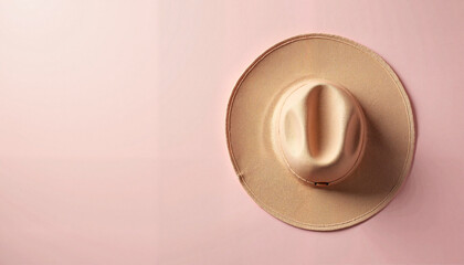 Elegant hat on pastel background, minimalist fashion concept