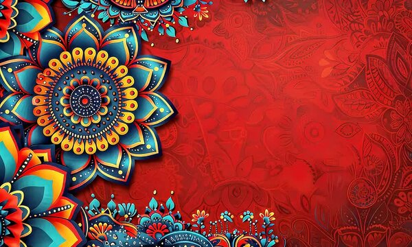 A vibrant red backdrop with intricate floral patterns and a small, yellow petal.