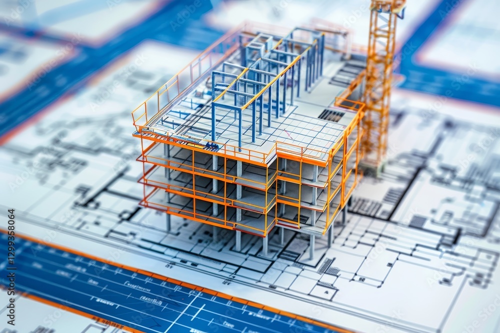 Poster a close-up view of a detailed bim model of a multi-story building under construction, placed atop a 
