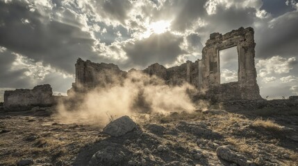 Abandoned Ruins Surrounded by Dust and Dramatic Cloudscape