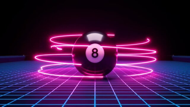 Black billiard ball with the number 8 on a neon table, surrounded by neon glowing magenta finest. Game over concept 