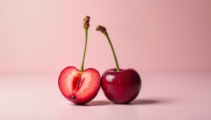 Ripe cherry and half cherry, fresh, vibrant, light pink background