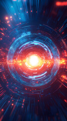 Obraz premium An abstract logo of red and blue light waves colliding in the center with futuristic elements and background 
