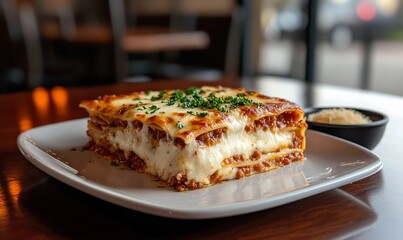 Delicious lasagna with melted cheese and parsley garnish on a plate