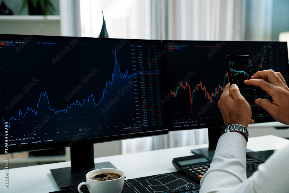 Poster trader businessman searching on smartphone, analyzing in dynamic stock exchange investment screen on
