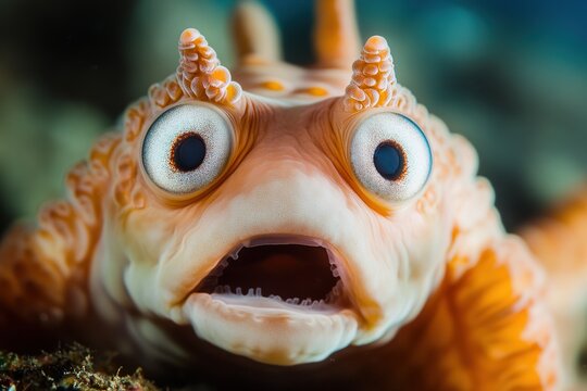 An underwater creature with large eyes and open mouth is visible