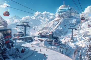 A futuristic vision of skiing in a high-tech winter resort with snowy mountains in the background, A futuristic vision of skiing in a high-tech winter wonderland