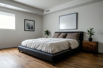 Modern bedroom interior with comfortable bed, artwork, and plants. Use for home decor, interior design, or bedroom inspiration