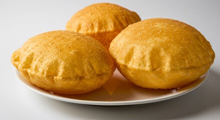 traditional Indian Punjabi, Gujarati food Bhatura or puri in dish for lunch or dinner dish in white background