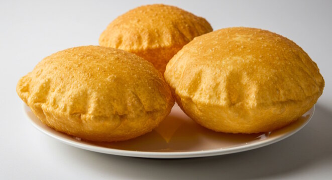 traditional Indian Punjabi, Gujarati food Bhatura or puri in dish for lunch or dinner dish in white background