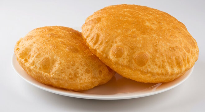 traditional Indian Punjabi, Gujarati food Bhatura or puri in dish for lunch or dinner dish in white background