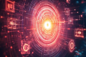 Obraz premium Futuristic Abstract Radial Vortex with Glowing Neon Particles and Luminous Digital Waves in Vibrant Cosmic Backdrop