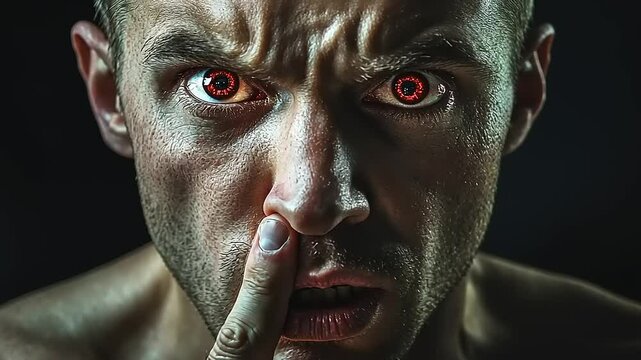 Intense close-up of a man with striking red eyes, expressing surprise while gesturing silence