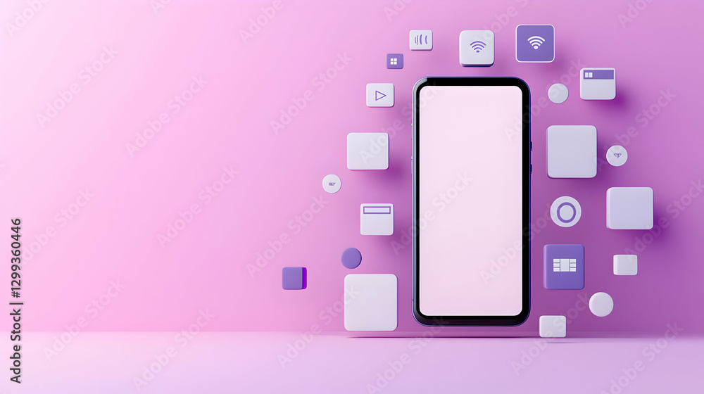 Poster modern smartphone with app icons on pink background for design