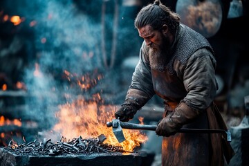 A skilled blacksmith shapes metal tools using an axe, surrounded by flames and glowing coal. The workshop is rustic, showcasing traditional craftsmanship