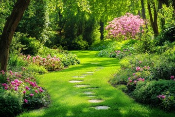 Serene Spring Garden Path with Lush Greenery and Pink Blooms