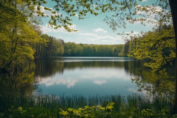 Tranquil lake in verdant forest under a serene sky reflecting in the calm water, with lush foliage framing the idyllic scene