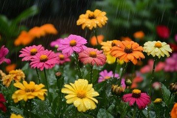 Raindrops on a Vibrant Flowerbed: Colorful Blossoms in a Spring Shower