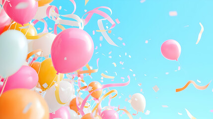 Fototapeta premium Colorful Balloons and Streamers Against Clear Blue Sky Background