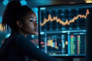 Concentrated Financial Analyst Analyzing Data on Computer Screen at Night