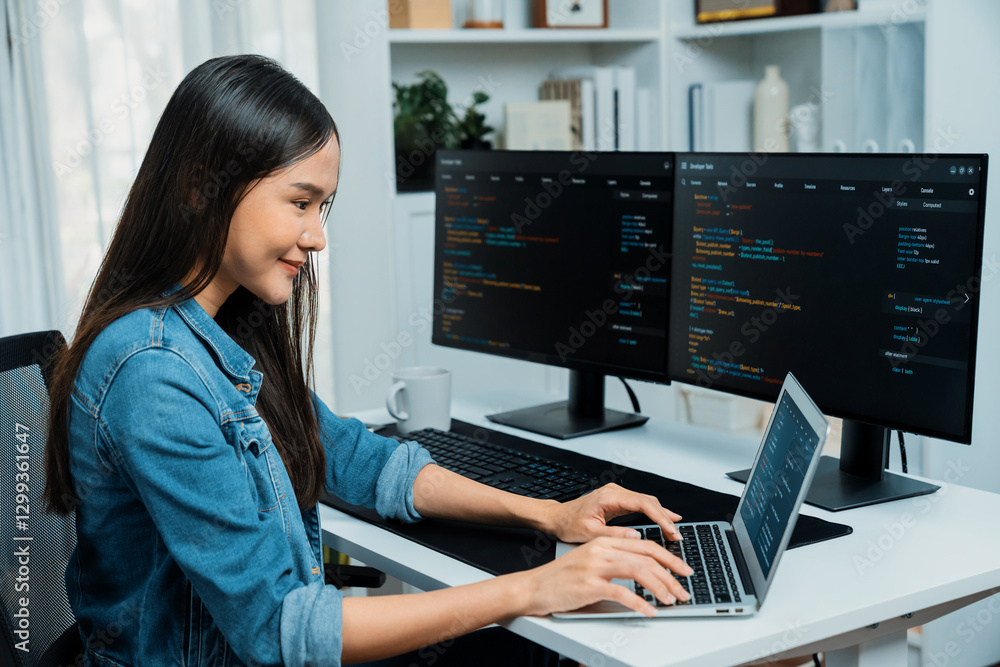 Poster smiling young asian in it developer creating with typing online information on laptop with coding pr