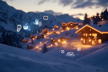 Naklejka premium Cozy Alpine Chalet Nestled in Snowy Mountain Landscape with Glowing Lights and Festive Decor at Dusk