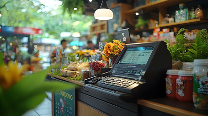 POS system at outdoor market cafe checkout