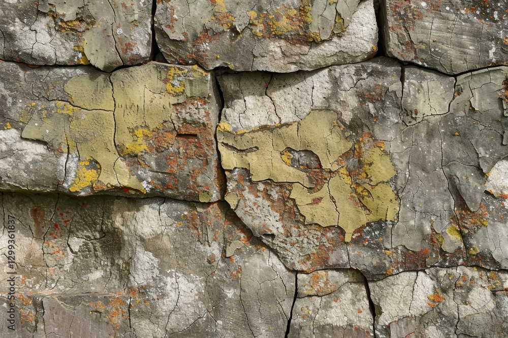 Poster a close-up of a rustic stone wall with cracks and lichen growing on its surface, rustic and weathere