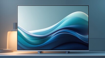 Naklejka premium Modern Monitor Displaying Abstract Waves with Ambient Lighting Setup