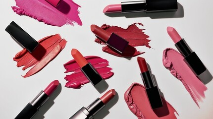 Obraz premium Vibrant display of lipsticks arranged artistically with swatches on a clean background