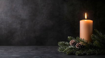 Cozy Candle with Pine Branches and Pine Cones for Winter Decor