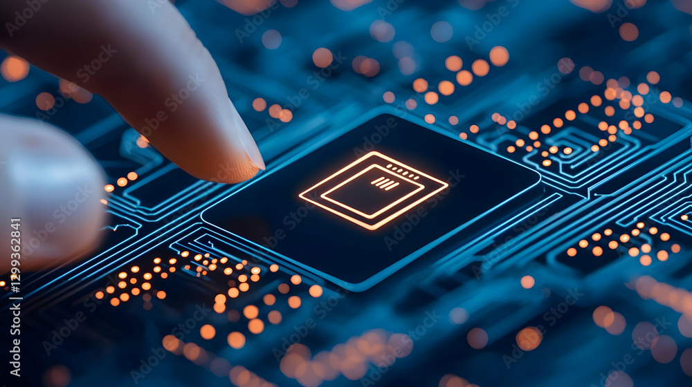 Poster close up view of finger tapping on circuit board with processor icon