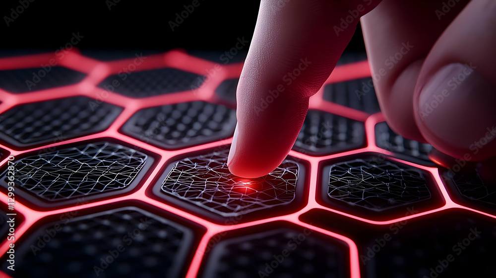 Poster touching a hexagonal pattern with a glowing red light effect