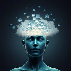 Obraz premium Surreal digital art of human head with glowing cubes and cloud symbolizing creative thoughts imagination deep intelligence