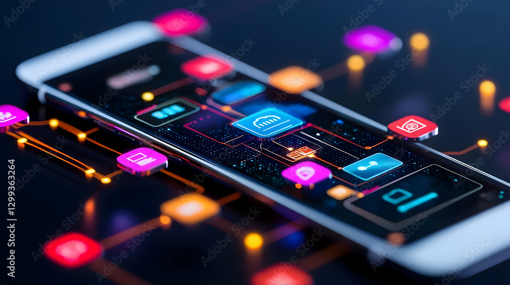 Poster futuristic smartphone displaying colorful app icons on dark background