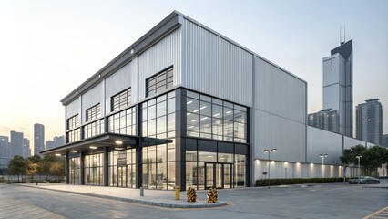 Modern Commercial Building Dusk Exterior, Metal Facade, Glass Windows, Cityscape, Architectural Design. Commercial Architecture, Modern Design